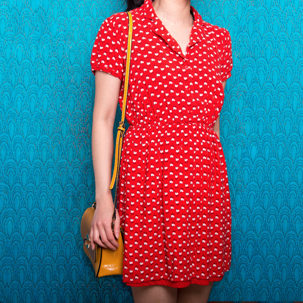Red Rooster Print Collared Shirt Dress